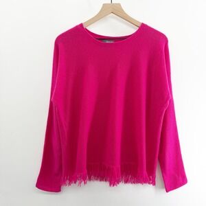 Griffen Cashmere Crew Neck Sweater Fringe Trim in Hot Pink Size Large